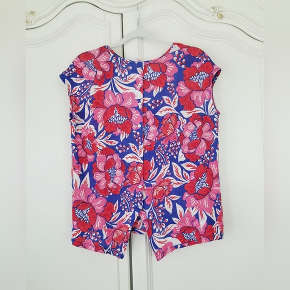 Sigrid Olsen Pink Blue Tropical Floral Linen Knit Button Back Sleeveless Top L - Picture 3 of 6